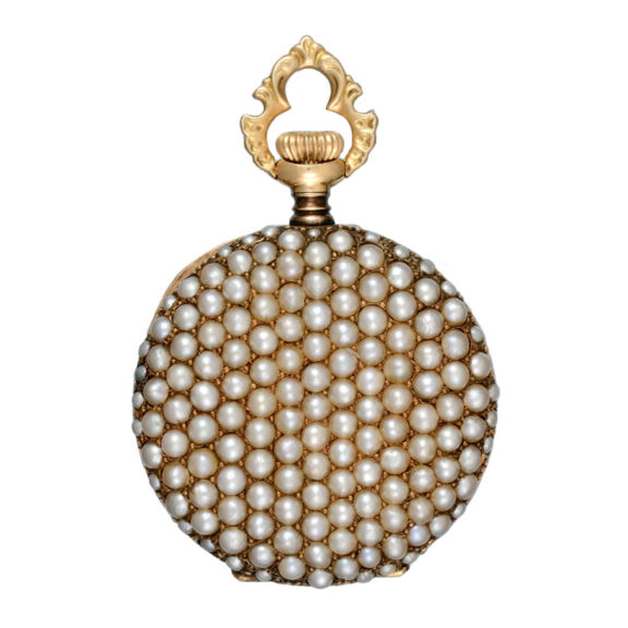 Pearl set gold fob watch and heart shaped pendant Circa 1905 Pearl set gold fob watch and heart shaped pendant Circa 1905