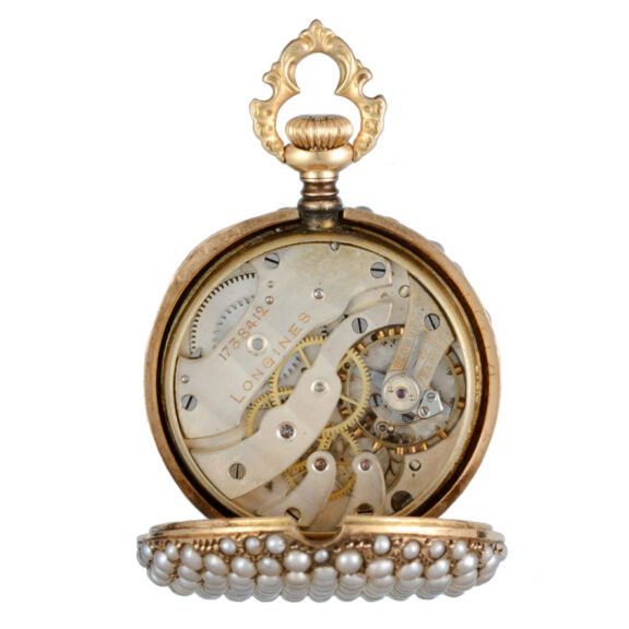 Pearl set gold fob watch and heart shaped pendant Circa 1905 Pearl set gold fob watch and heart shaped pendant Circa 1905