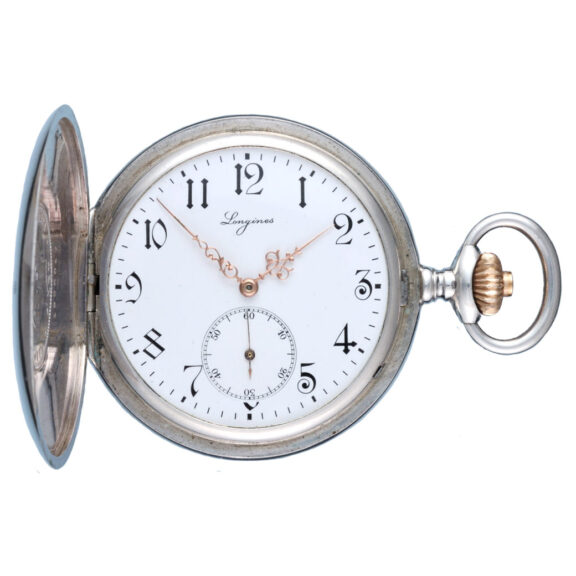 An unusual Swiss silver full hunter lever by Longines Circa 1910 An unusual Swiss silver full hunter lever by Longines Circa 1910