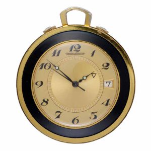 Lever alarm watch with calendar in gilt travelling case Circa 1960