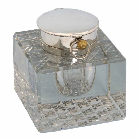English cut glass inkwell with a silver top housing lever Circa 1905PA0542 - 3 English cut glass inkwell with a silver top housing lever Circa 1905