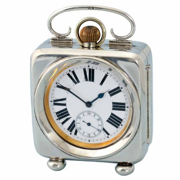 Swiss nickle cased watch in unusual silver clock stand Circa 1907