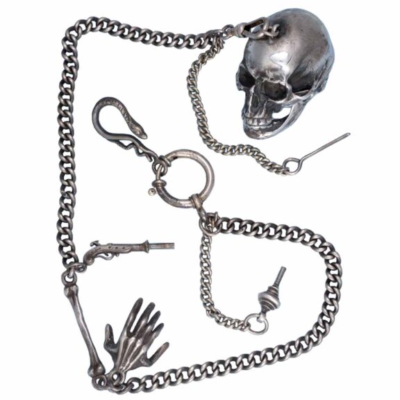 Swiss silver lever in the form of a skull with chain Circa 1920