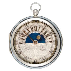 Silver verge with champlevé sun and moon dial Circa 1695
