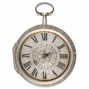 English single handed verge alarm in silver pair cases Circa 1700