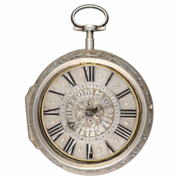 English single handed verge alarm in silver pair cases Circa 1700