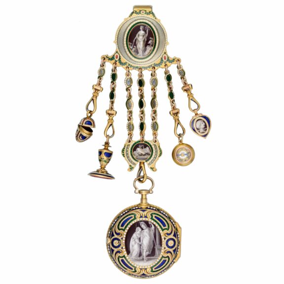 An Irish gold and enamel verge watch and chatelaine Circa 1775 An Irish gold and enamel verge watch and chatelaine Circa 1775