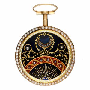 A Swiss verge in a pearl set gold and enamel case Circa 1790
