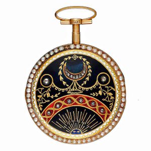 Swiss verge in a pearl set gold and enamel case Circa 1800
