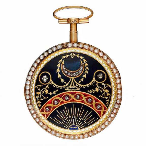 Swiss verge in a pearl set gold and enamel case Circa 1800