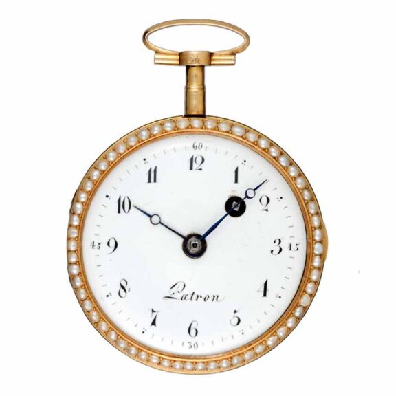 A Swiss verge in a pearl set gold and enamel case Circa 1790 A Swiss verge in a pearl set gold and enamel case Circa 1790