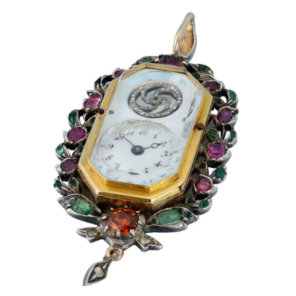 Swiss gold gem-set watch with matching chatelaine Circa 1800 Swiss gold gem-set watch with matching chatelaine Circa 1800