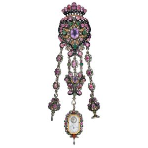 Swiss gold gem-set watch with matching chatelaine Circa 1800