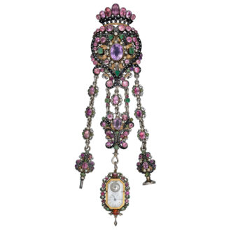 Swiss gold gem-set watch with matching chatelaine Circa 1800 Swiss gold gem-set watch with matching chatelaine Circa 1800