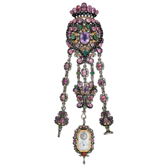 Swiss gold gem-set watch with matching chatelaine Circa 1800 Swiss gold gem-set watch with matching chatelaine Circa 1800