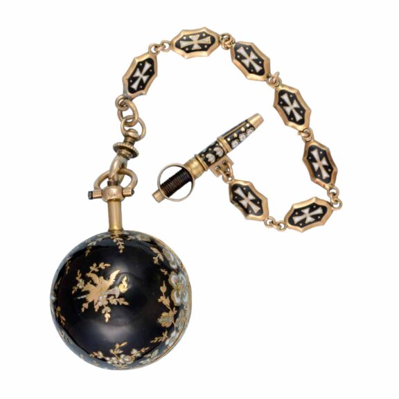 A French gold and enamel verge ball watch and chain Circa 1810 A French gold and enamel verge ball watch and chain Circa 1810