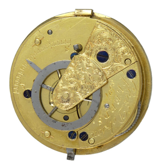 English verge in a decorative engine turned gilt case Circa 1820 English verge in a decorative engine turned gilt case Circa 1820