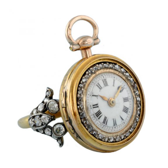 Swiss miniature cylinder watch and diamond gold ring Circa 1780 Swiss miniature cylinder watch and diamond gold ring Circa 1780