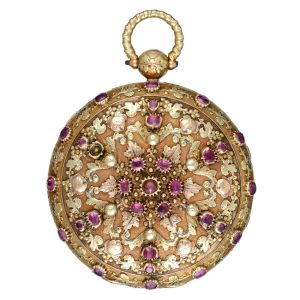 A Swiss three colour gold pocket watch set with rubies Circa 1820