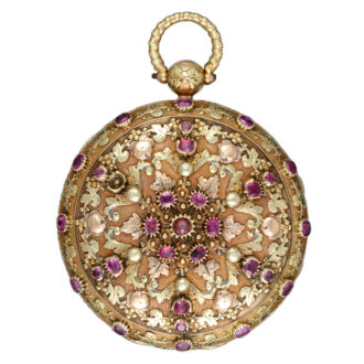 A Swiss three colour gold pocket watch set with rubies Circa 1820