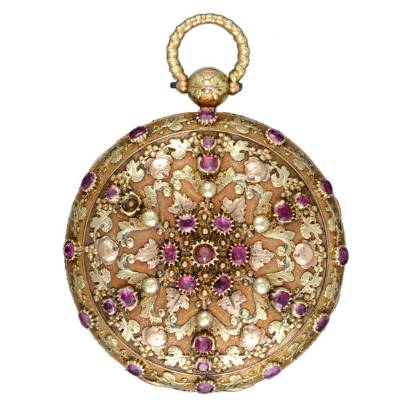 A Swiss three colour gold pocket watch set with rubies Circa 1820