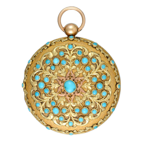 French gold turquoise set hunting cased verge watch Circa 1820 French gold turquoise set hunting cased verge watch Circa 1820