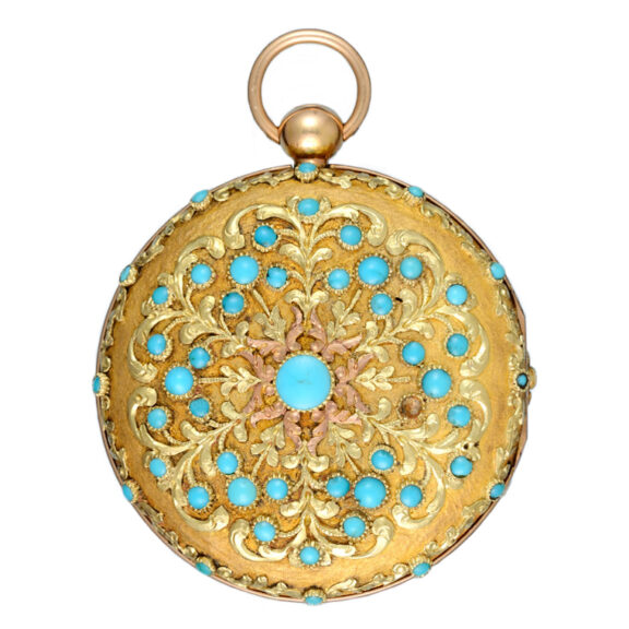 French gold turquoise set hunting cased verge watch Circa 1820 French gold turquoise set hunting cased verge watch Circa 1820