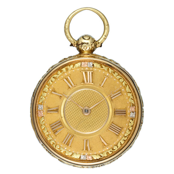 English gold cylinder watch with decorative gold dial Circa 1822