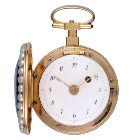 Swiss 18k gold, enamel and pearl set verge watch circa 1830 Swiss 18k gold, enamel and pearl set verge watch circa 1830