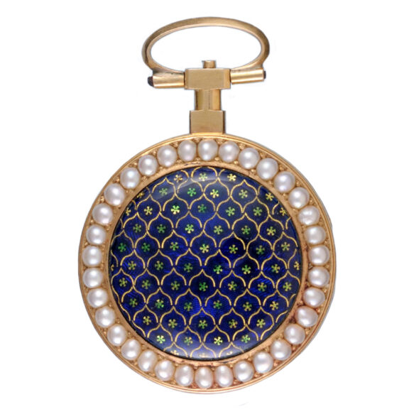 Swiss 18k gold, enamel and pearl set verge watch circa 1830 Swiss 18k gold, enamel and pearl set verge watch circa 1830