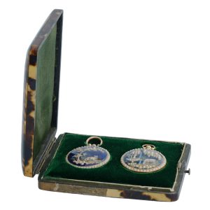 Pair of Swiss verges in gold and enamel pearl set cases Circa 1830