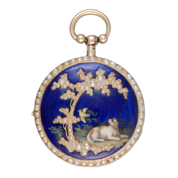Pair of Swiss verges in gold and enamel pearl set cases Circa 1830 Pair of Swiss verges in gold and enamel pearl set cases Circa 1830