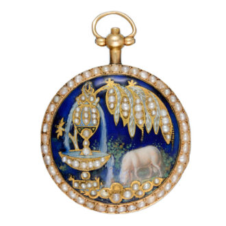 Pair of Swiss verges in gold and enamel pearl set cases Circa 1830