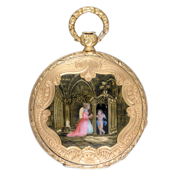 Swiss gold and enamel open faced cylinder watch Circa 1850