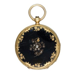 A Swiss cylinder in a gold and enamel open face case Circa 1870