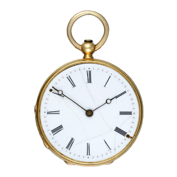 A Swiss cylinder in a gold and enamel open face case Circa 1870 A Swiss cylinder in a gold and enamel open face case Circa 1870
