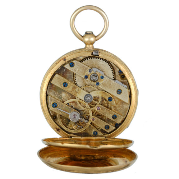 A Swiss cylinder in a gold and enamel open face case Circa 1870 A Swiss cylinder in a gold and enamel open face case Circa 1870