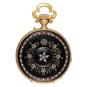 A Swiss cylinder in a gold and enamel full hunter case Circa 1880