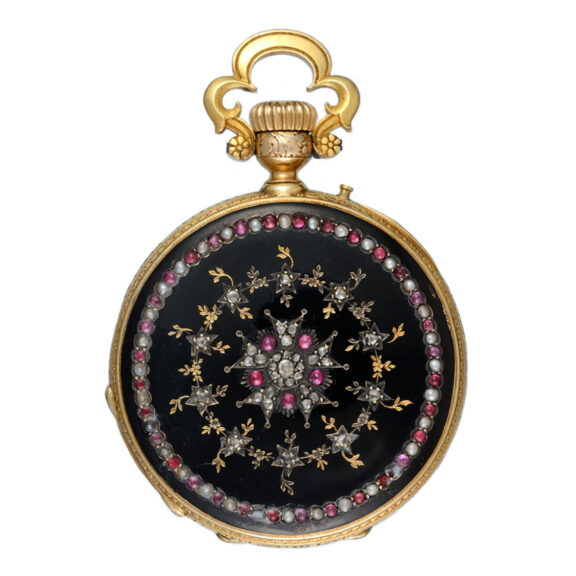 A Swiss cylinder in a gold and enamel full hunter case Circa 1880 A Swiss cylinder in a gold and enamel full hunter case Circa 1880