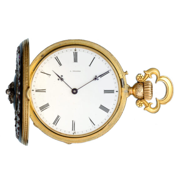 A Swiss cylinder in a gold and enamel full hunter case Circa 1880 A Swiss cylinder in a gold and enamel full hunter case Circa 1880