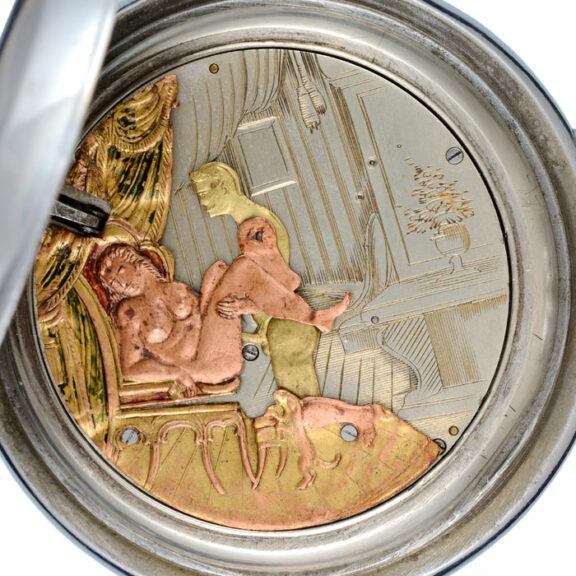 Swiss nickel cylinder with automated erotic scene Circa 1890 Swiss nickel cylinder with automated erotic scene Circa 1890