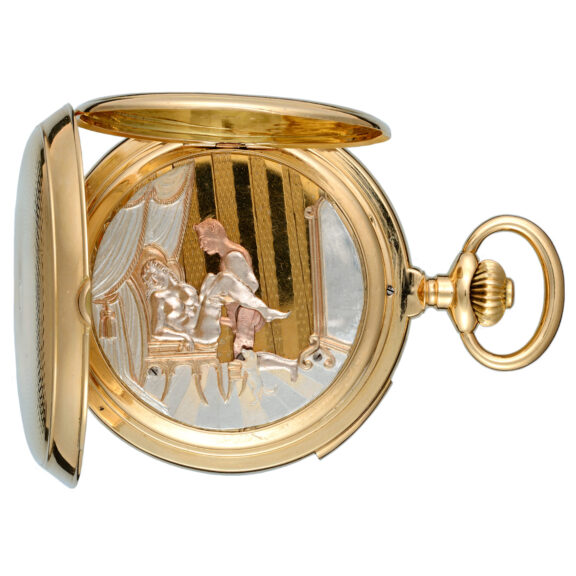 Swiss gold hunting cased repeating erotic lever Circa 1900