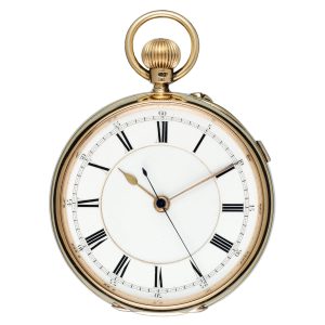 English lever chronograph in a gold open face case Circa 1905