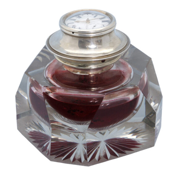 Cut glass silver mounted inkwell housing a verge Circa 1906
