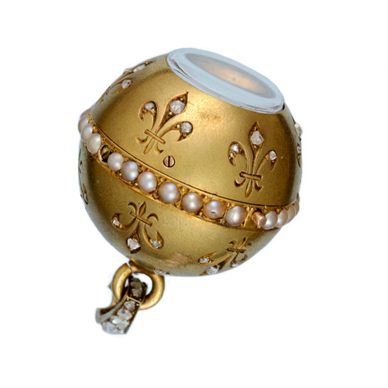 A Swiss lever ball watch set with diamonds and pearls Circa 1890 A Swiss lever ball watch set with diamonds and pearls Circa 1890