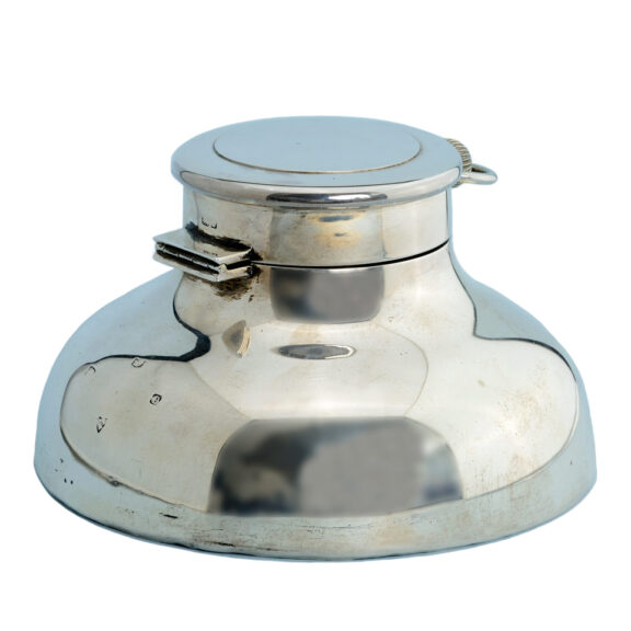 Silver inkwell housing a goliath pocket watch in the lid Circa 1929 Silver inkwell housing a goliath pocket watch in the lid Circa 1929