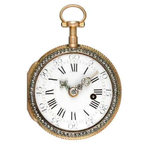 An English verge in a stone set three colour gold case Circa 1780 An English verge in a stone set three colour gold case Circa 1780