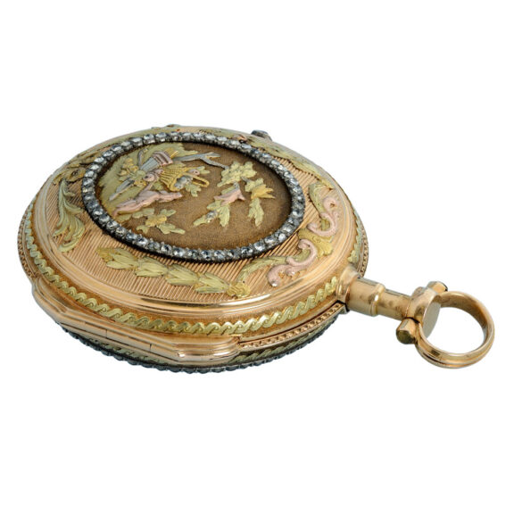 An English verge in a stone set three colour gold case Circa 1780 An English verge in a stone set three colour gold case Circa 1780