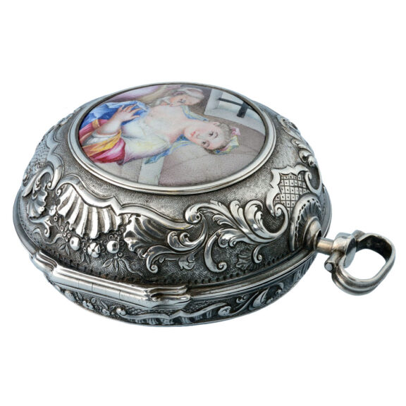 English verge in silver pair cases with enamel plaque Circa 1720 English verge in silver pair cases with enamel plaque Circa 1720