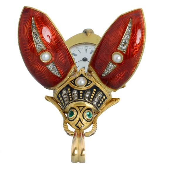 Swiss gold and enamel beetle form brooch watch Circa 1880 Swiss gold and enamel beetle form brooch watch Circa 1880